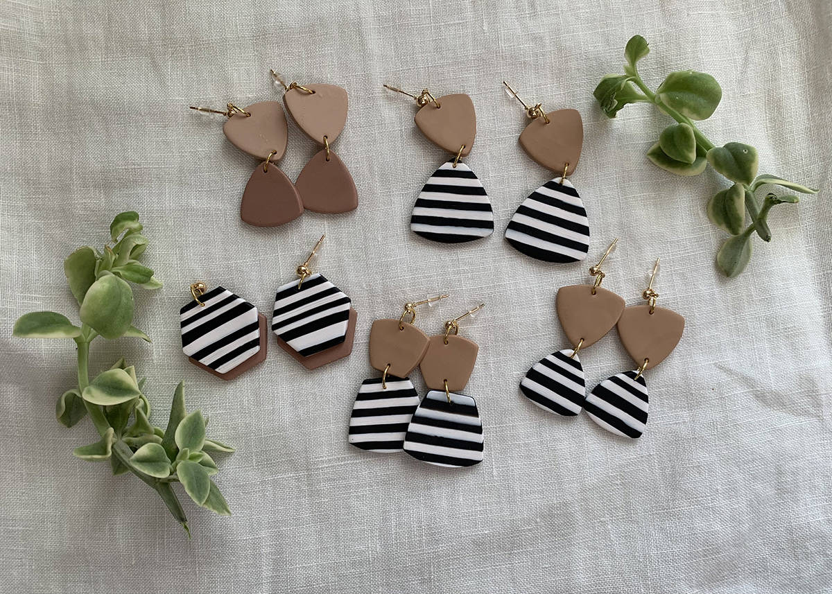 brown and black and white striped clay earrings